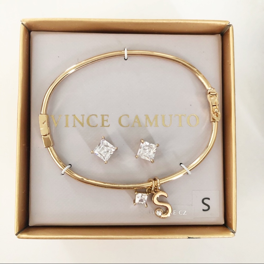 Vince Camuto Gold Tone Bangle & CZ Earrings Set